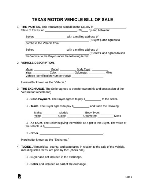 Texas Motor Vehicle Bill Of Sale Form Template