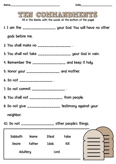 10 Commandments Worksheets