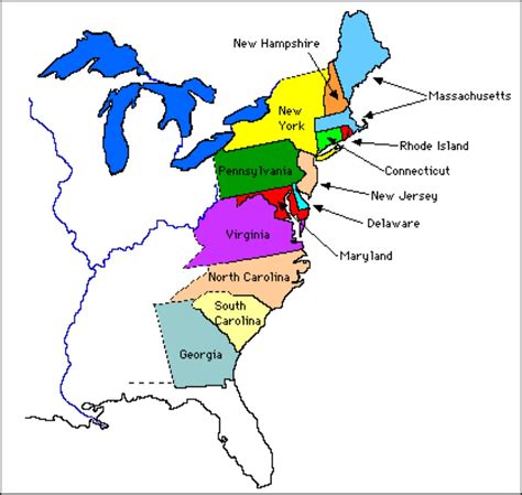 A map of the 13 colonies with dates of establishment