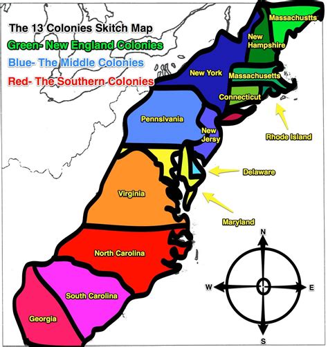 A map of the 13 original colonies