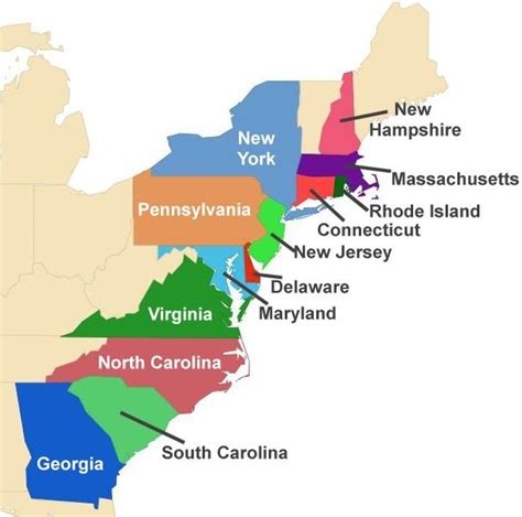 13 Colonies Map for Kids