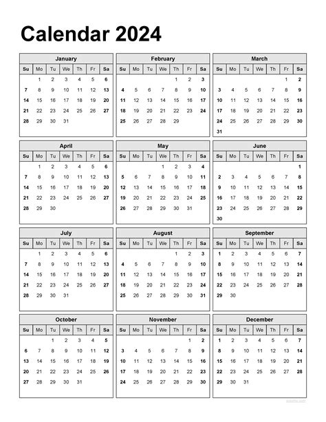 2024 Calendar Template in Excel