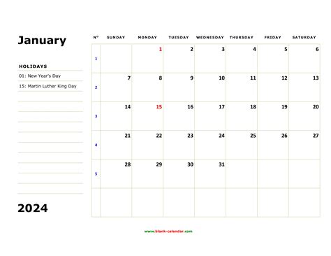 2024 Calendar Template with Holidays and Notes