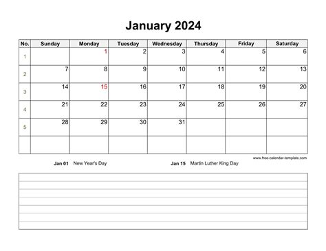 2024 Calendar Template with Notes