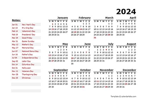 2024 Calendar with Holidays Microsoft Office