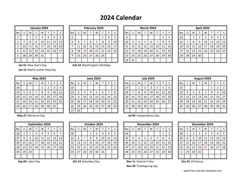 2024 Calendar with Holidays Word