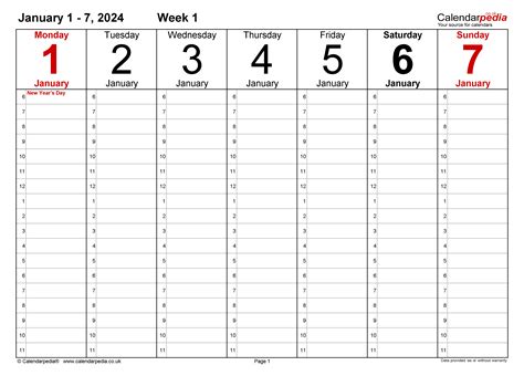 2024 Weekly Calendar Template