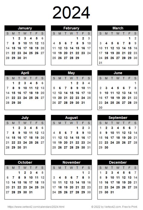 2024 Yearly Calendar Printable