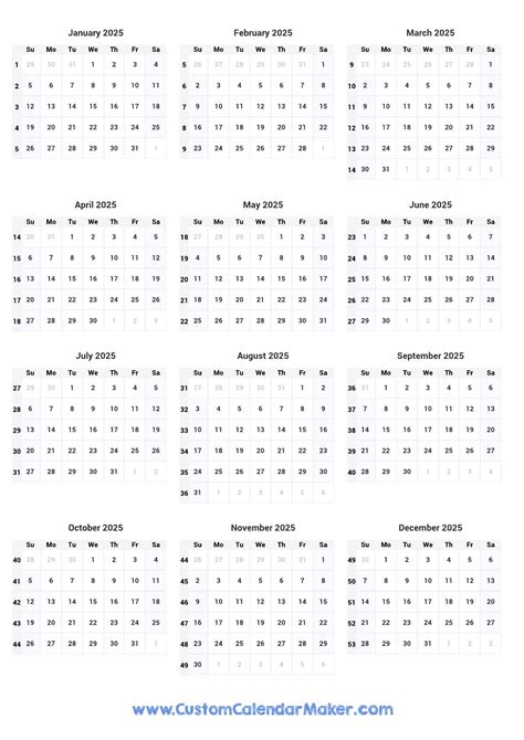 2025 Calendar with Week Numbers Image 1