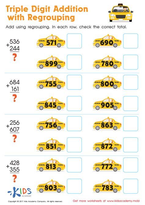 3-digit addition with regrouping worksheets for kids