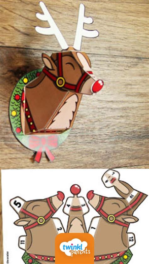 A 3D reindeer template printable craft with antlers and a red nose