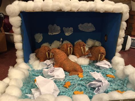 A 3D walrus diorama made from a shoe box and various craft materials