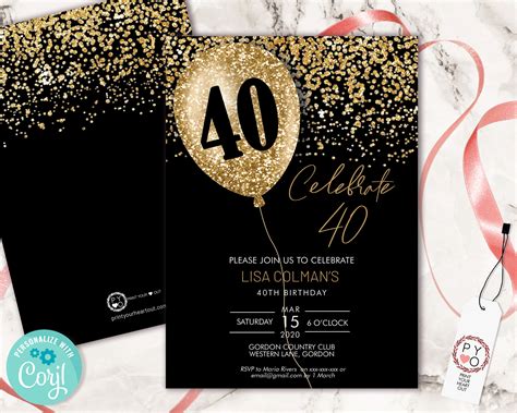 Black and Gold 40th Birthday Invitation Template