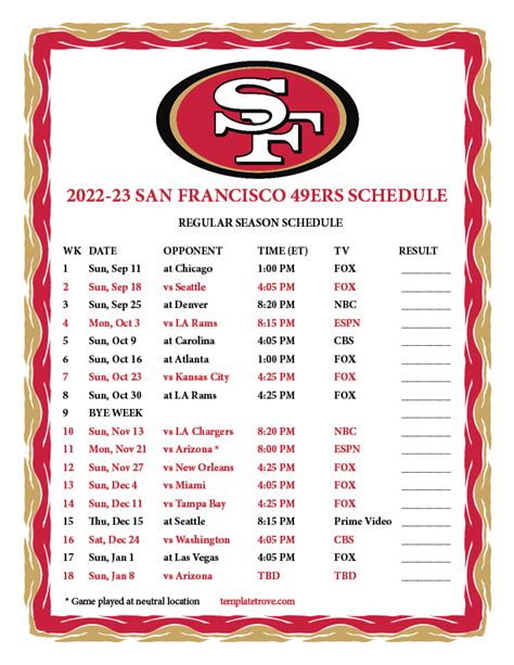 49ers Pocket Schedule Template