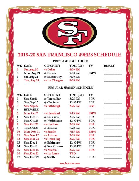 49ers Printable Schedule