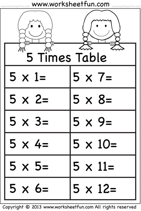 5 Times Table Tests Printables