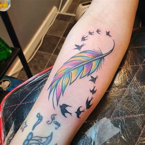 5 colored feather tattoo