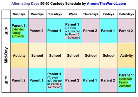 Image of a calendar with a split custody schedule