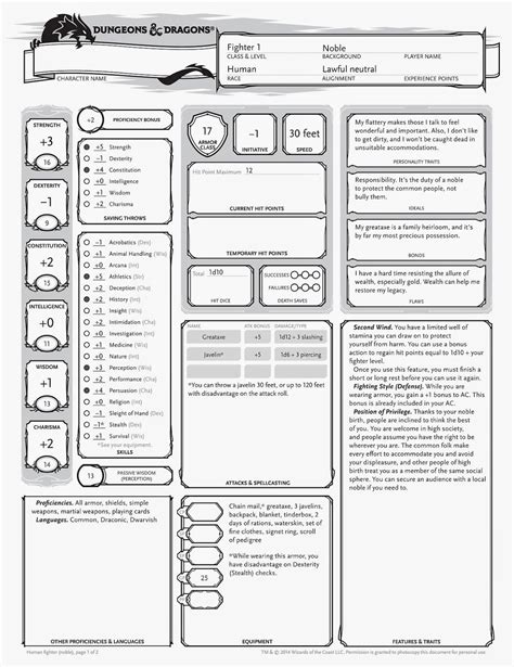 Example of a completed 5e character sheet template