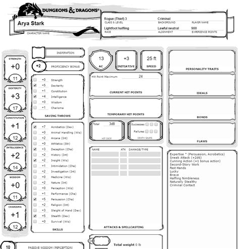 Example of a 5e character sheet template in Google Docs format