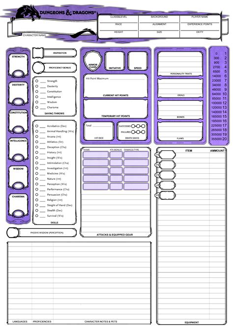 Example of a 5e character sheet template in Microsoft Word format