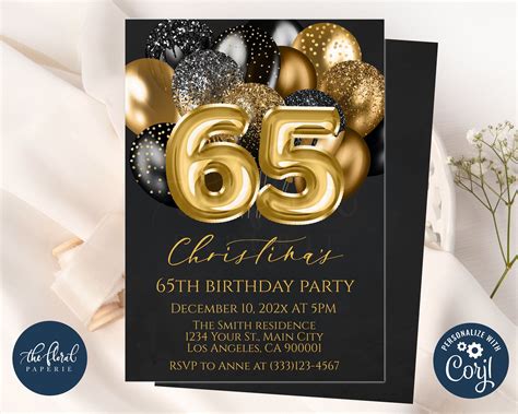 Image of 65th birthday invitation templates, showcasing various designs and themes