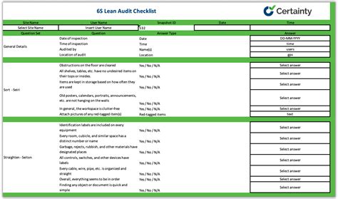 6S Audit Template Excel Workplace Optimization