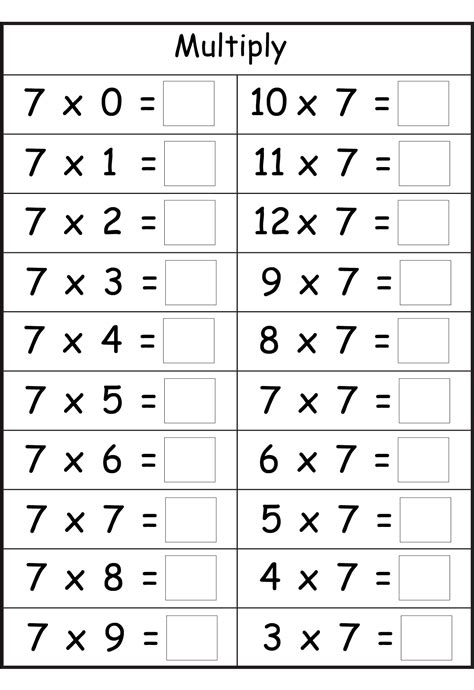 7 times tables worksheets to print