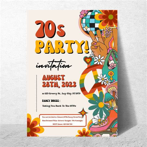 A funky 70s party invitation template with disco balls and a dancing crowd