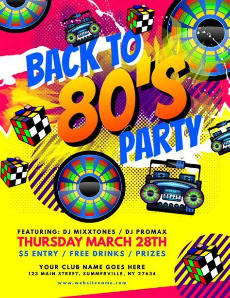 A bold, colorful 80s party flyer template free download