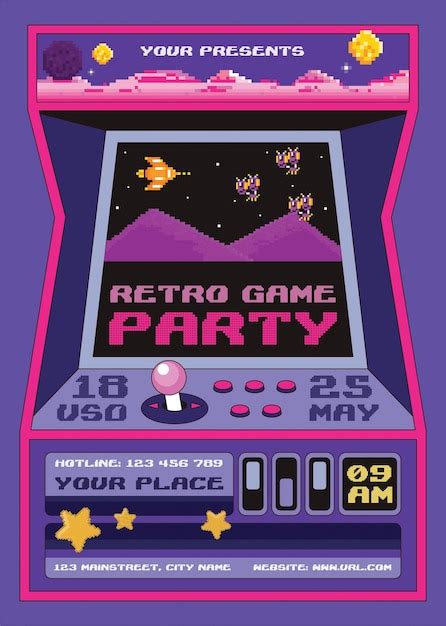 A flyer template with a 90s video games party-inspired design