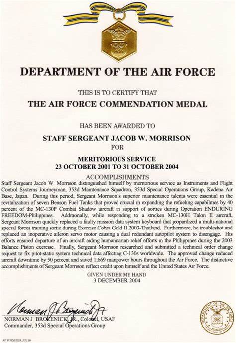 Air Force Commendation Medal Template Format