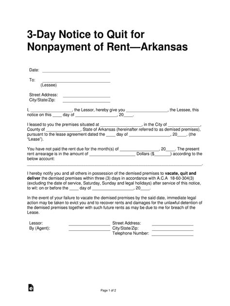 Arkansas Eviction Notice Template Printable