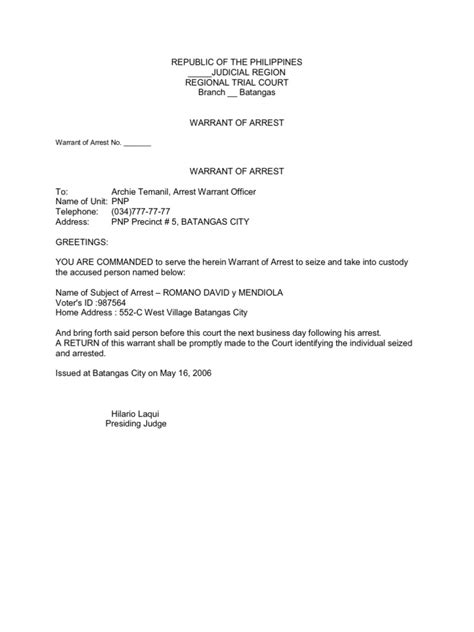 Arrest Warrant Example