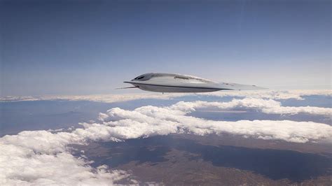 A B-21 stealth bomber in flight test