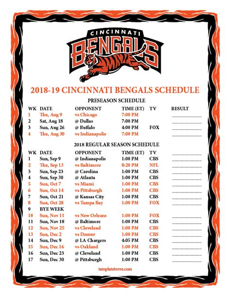 Bengals Schedule Printable