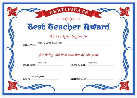 Best Teacher Certificate Template Printable Award Example 2