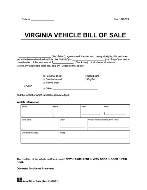 A sample of the Bill of Sale Form For Virginia