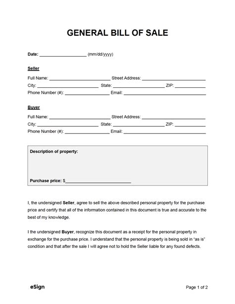 Bill of Sale Template Free Word