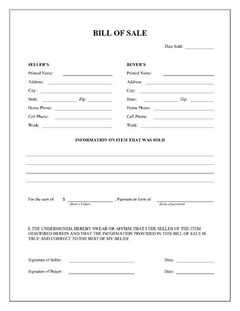 Bill of Sale Template Word Document