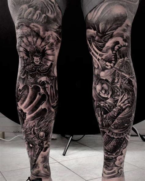 Black and Gray Leg Sleeve Tattoos