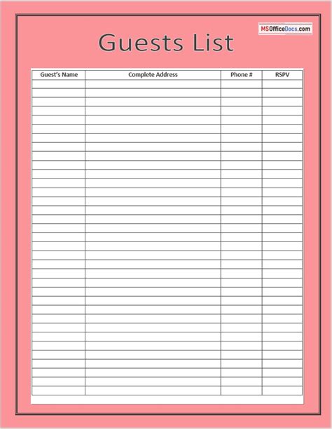 Bridal Shower Guest List Template Example