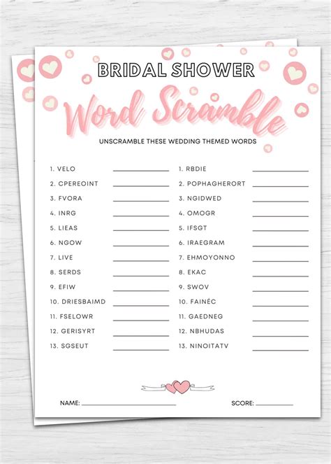 Bridal Shower Word Scramble Games