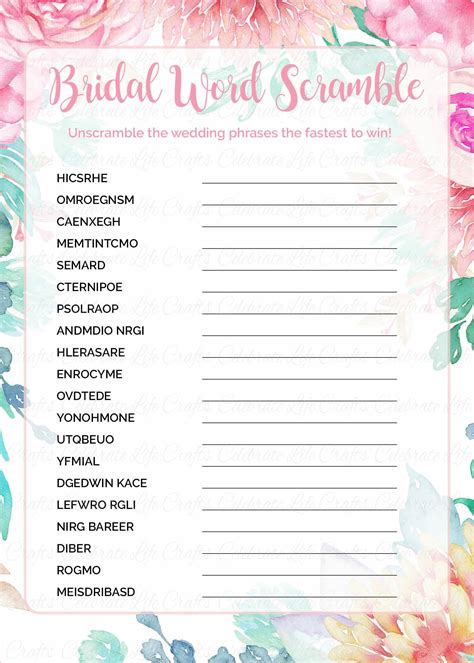 Bridal Shower Word Scramble Games