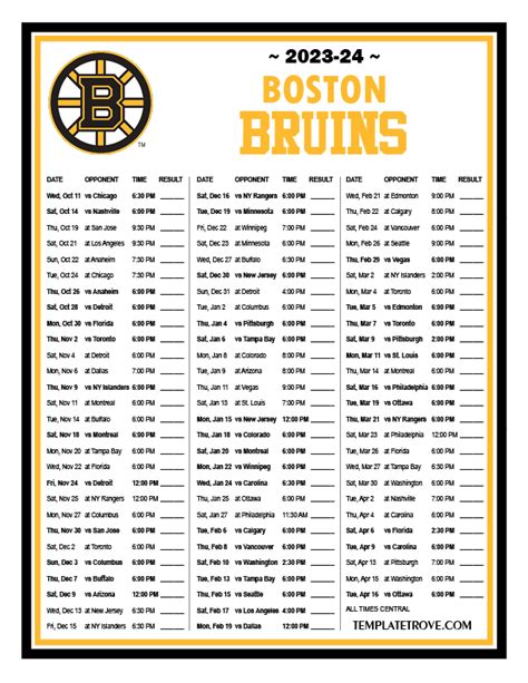 Bruins Printable Schedule 2023-24 Season