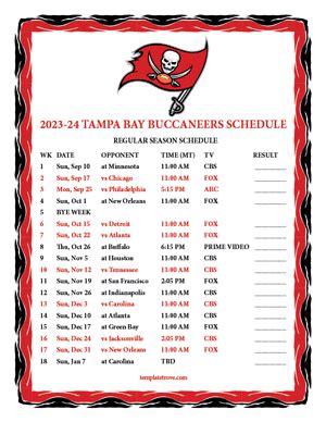 Buccaneers 2023 Printable Schedule Formats