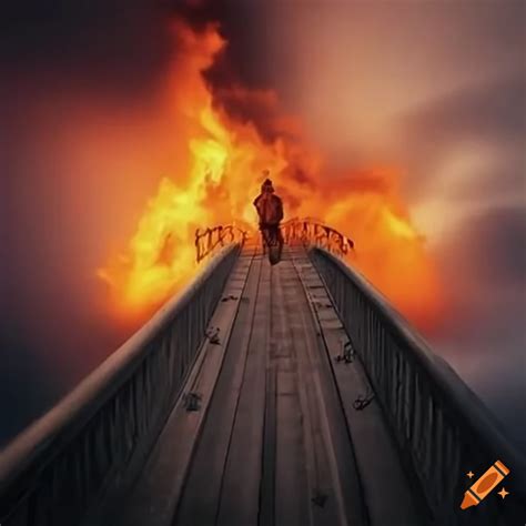 A person standing in front of a burning bridge