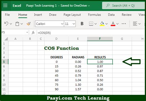 COS Function in Excel Example 1