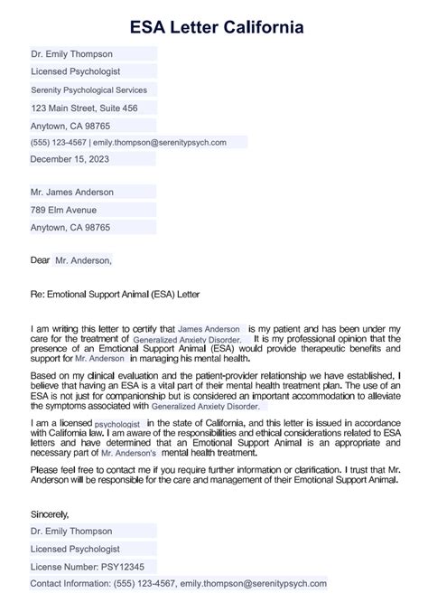 California ESA letter template