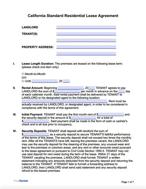 California Residential Lease Agreement Template Fillable